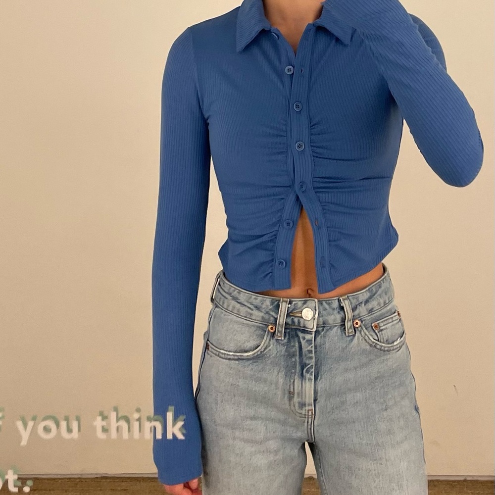 Reformation Blue Long Sleeve Crop Top